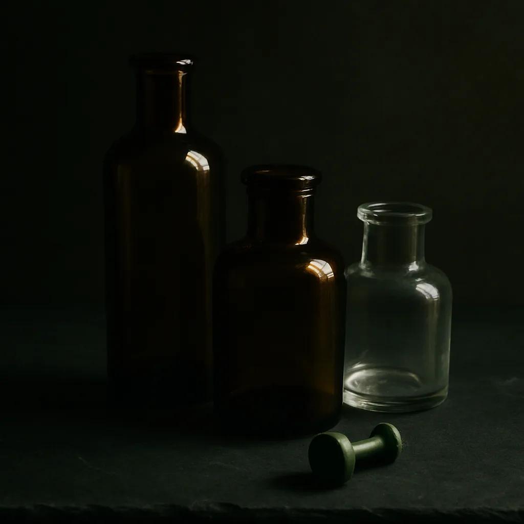 Still-life of three differently-shaped small glass bottles in a row with a green wax-seal stamp, on dark slate