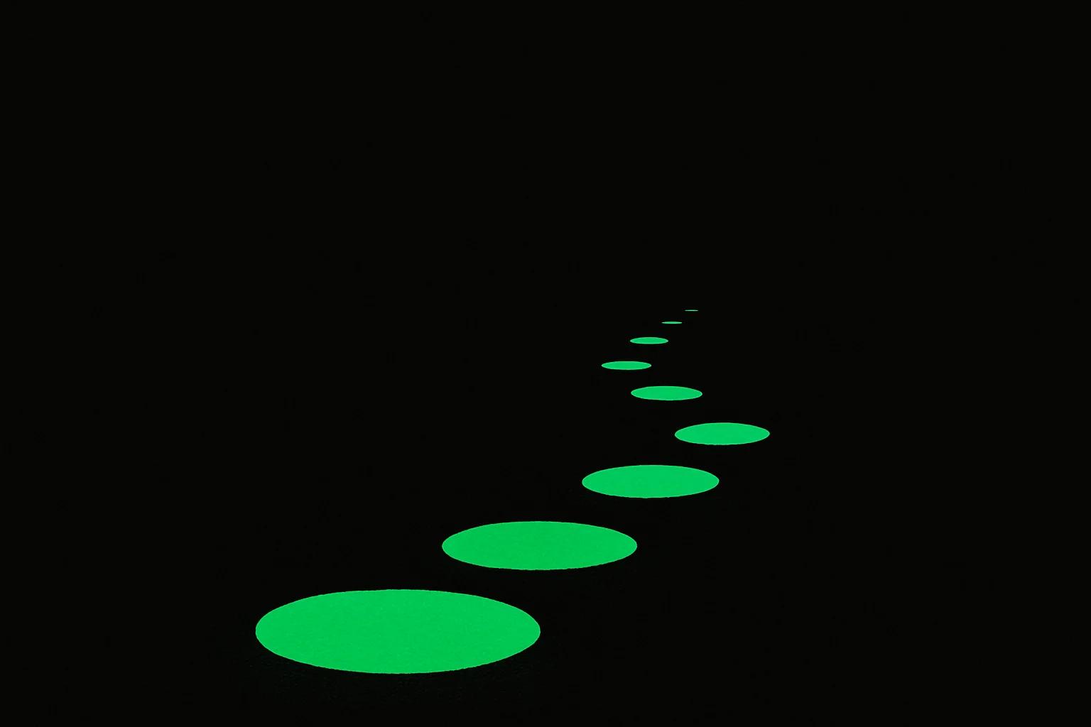 Stepping stones receding into negative space, faintly glowing green — Cannabuben editorial illustration