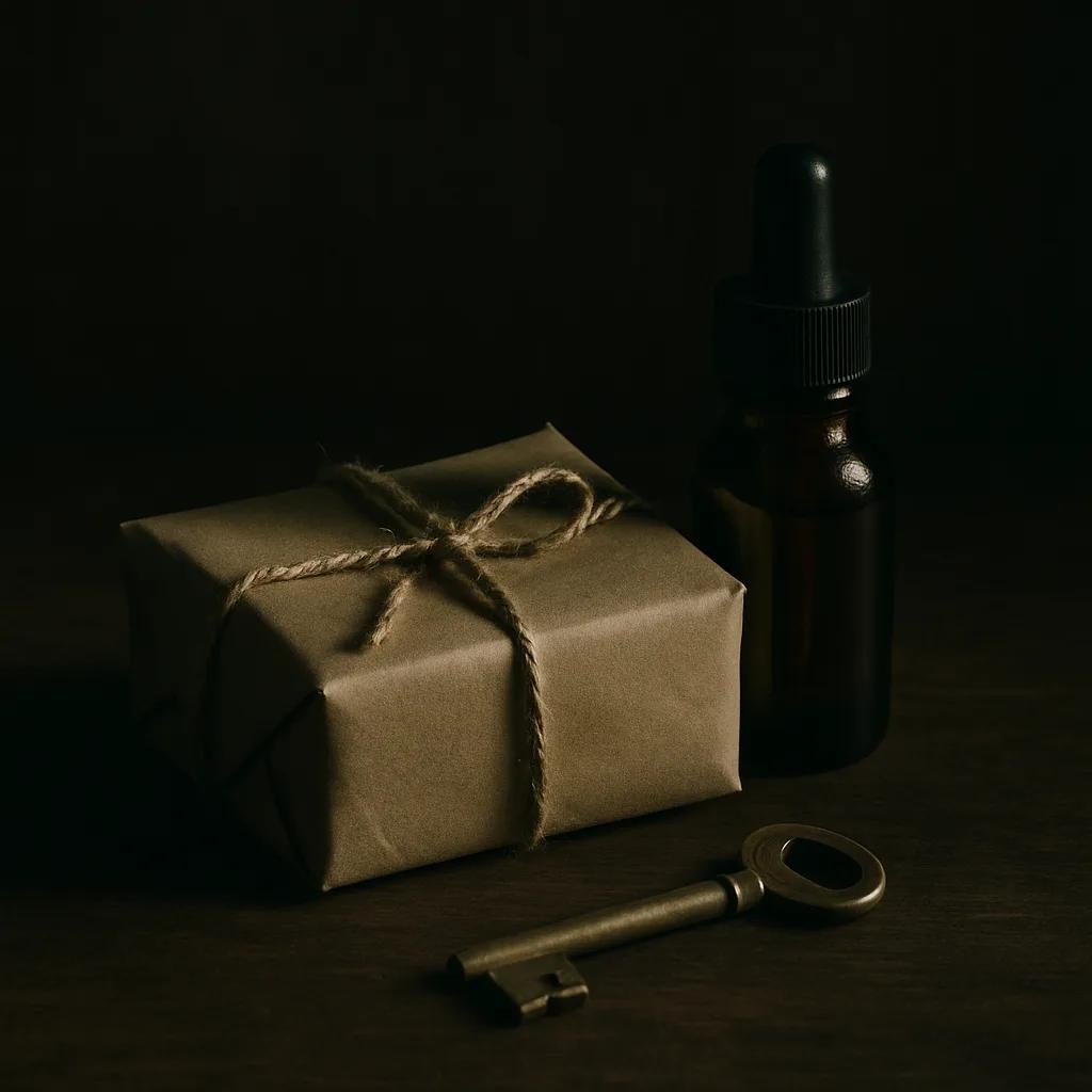Still-life of a kraft-paper courier parcel tied with twine, an amber dropper bottle and a brass key on dark walnut