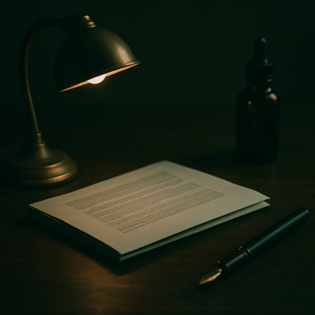 Still-life of a folded official document, a vintage brass desk-lamp and a fountain pen on dark walnut