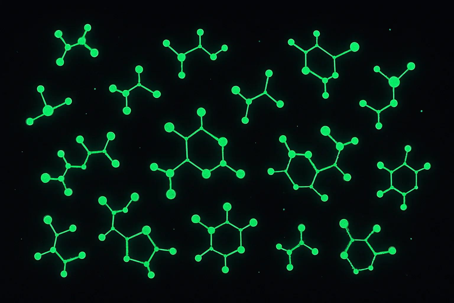 Constellation of interconnected molecular nodes glowing green in dark space — Cannabuben editorial illustration