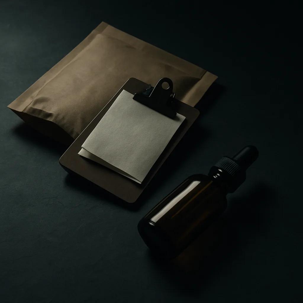 Still-life of a half-open kraft courier package with a small clipboard and an amber bottle on its side, on dark slate