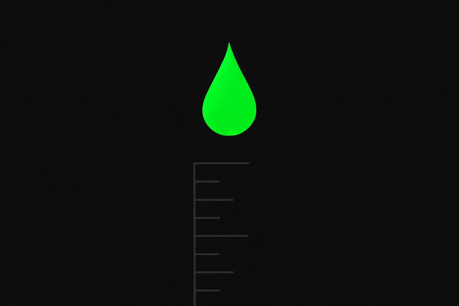 Minimalist green liquid drop above an abstract titration scale — Cannabuben editorial illustration