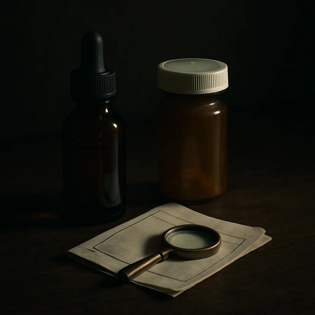 Still-life of an amber dropper bottle, a small unmarked pill bottle, a folded prescription paper and a brass loupe on dark walnut