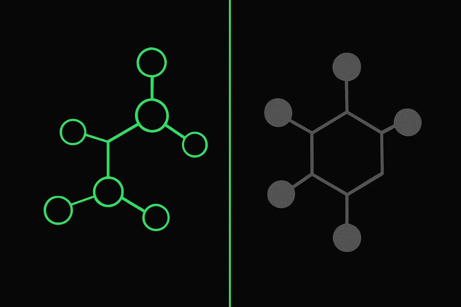 Two abstract molecular silhouettes side-by-side, separated by a thin green line — Cannabuben editorial illustration