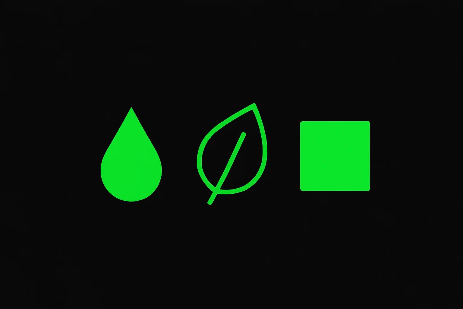 Three abstract green geometric forms representing oil, flower, and edible product categories — Cannabuben editorial illustration