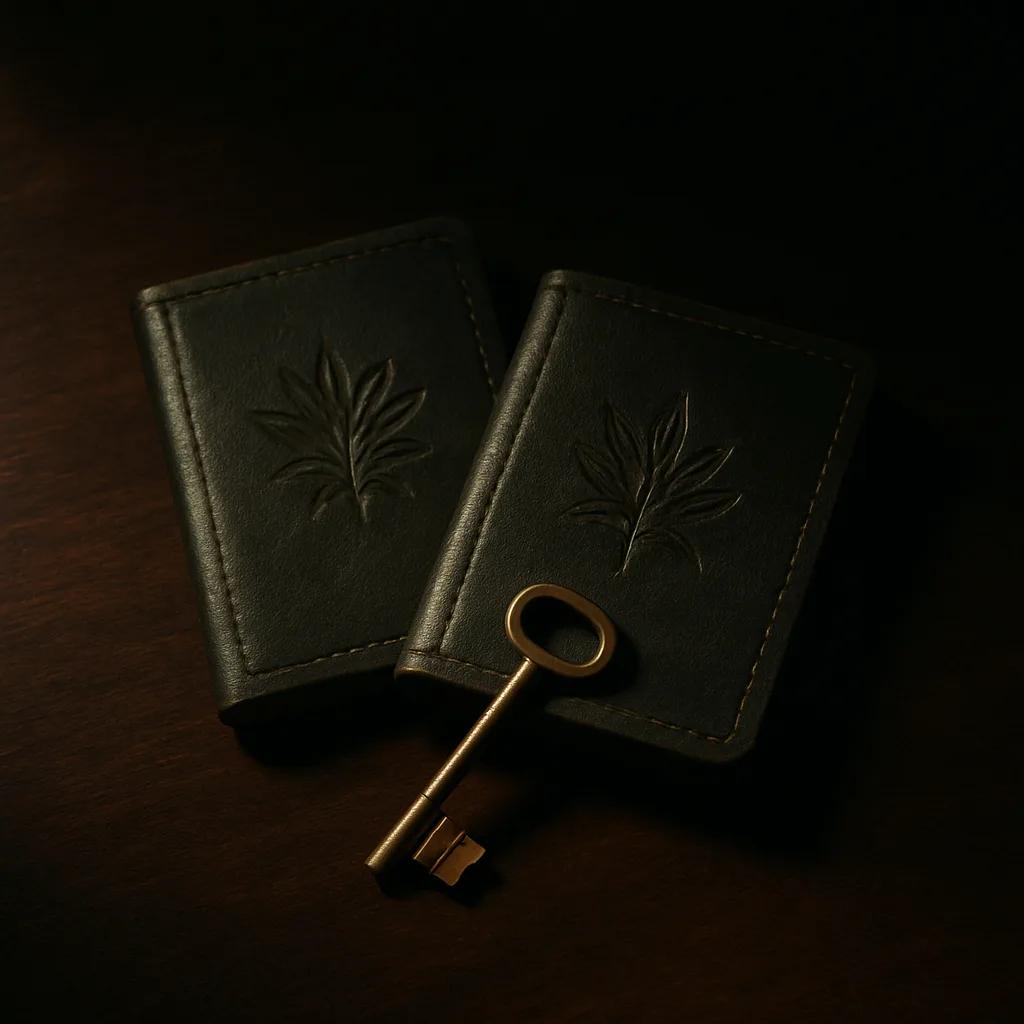 Still-life of two embossed leather member booklets fanned slightly apart with a brass key between, on dark walnut