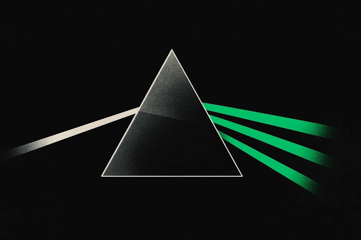 Triangular prism splitting white light into three distinct green spectral bands — Cannabuben editorial illustration