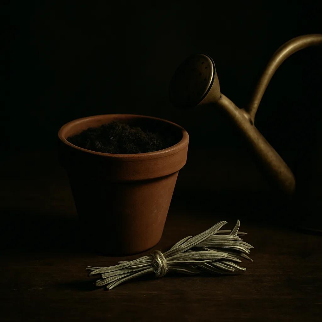 Still-life of a terracotta seedling pot with dark soil, a brass watering-can spout and a bundle of dried sage on dark walnut