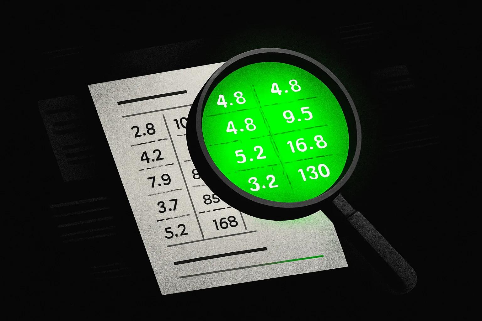Magnifying lens hovering over numerical lab data on an abstract document — Cannabuben editorial illustration