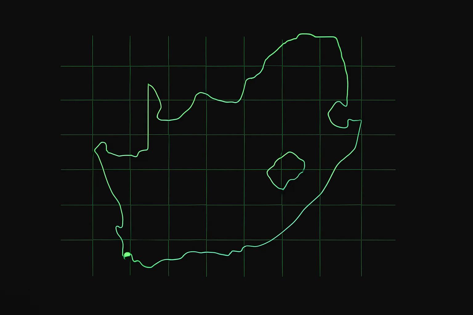 Minimalist outline of South Africa with thin green grid overlay and a green dot at Cape Town — Cannabuben editorial illustration