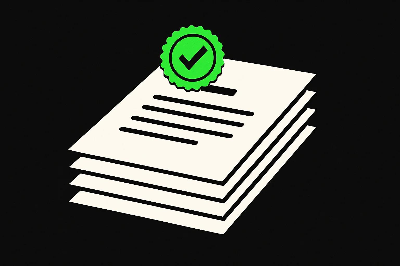 Stylized regulatory document stack with a green official stamp — Cannabuben editorial illustration