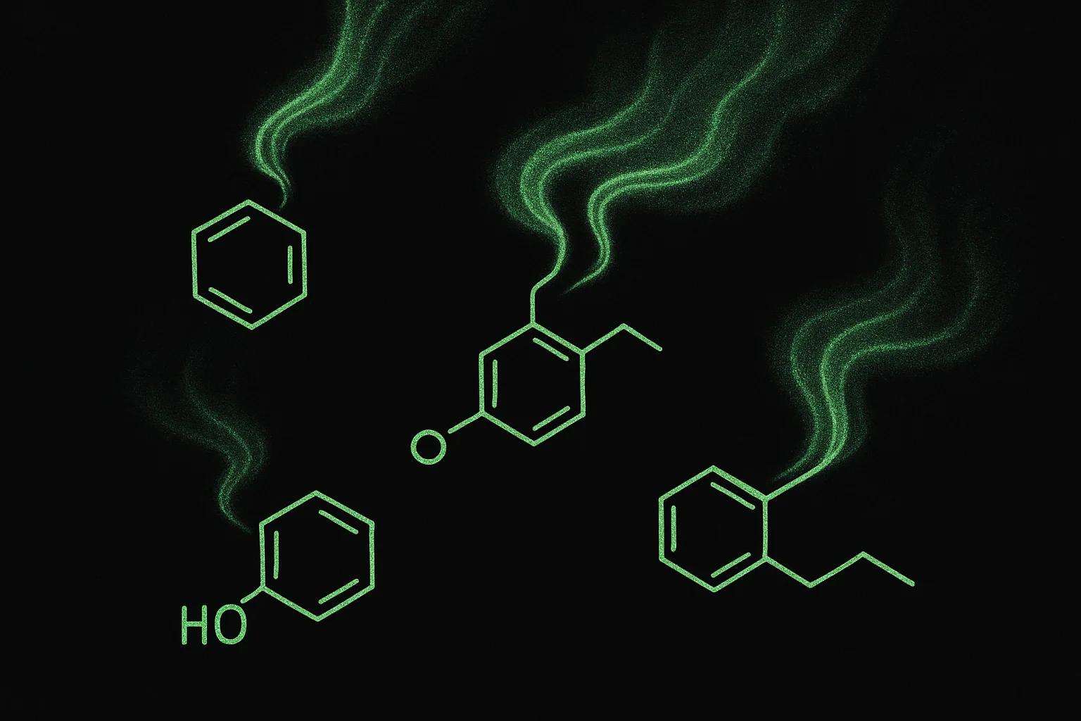 Aromatic molecules drifting in motion with green particle scent-trails — Cannabuben editorial illustration
