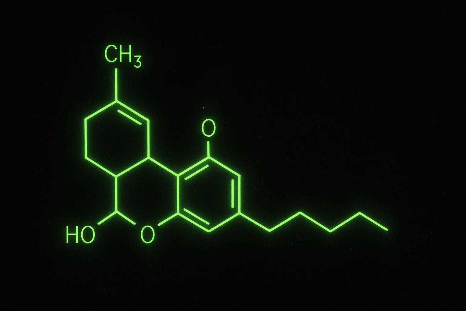 Glowing electric-green CBD molecular structure floating in dark space — Cannabuben editorial illustration