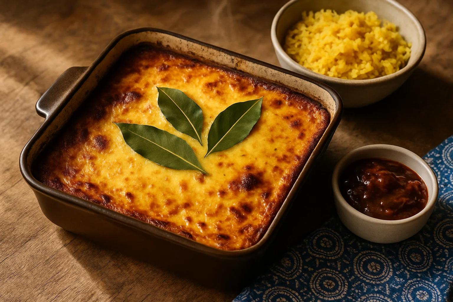Cape bobotie in a baking dish, golden custard top with bay leaves