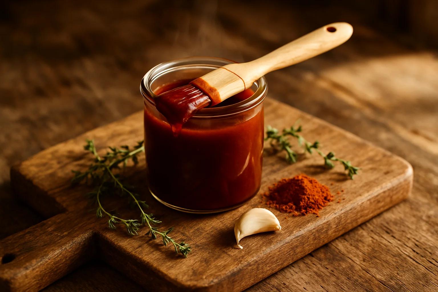 Glass jar of glossy red CBD-infused braai basting sauce with brush