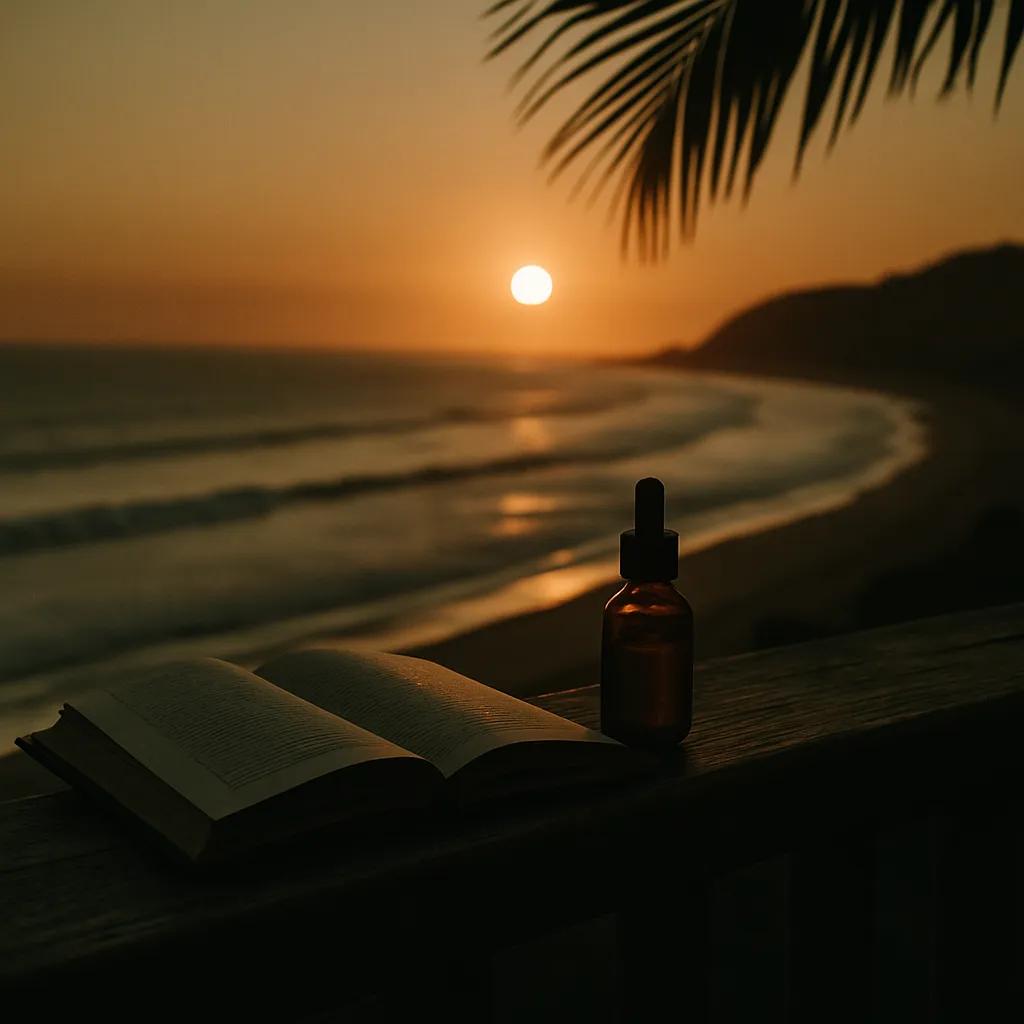 Open book and amber CBD dropper bottle on a wooden beach deck overlooking the Umhlanga coastline at sunset