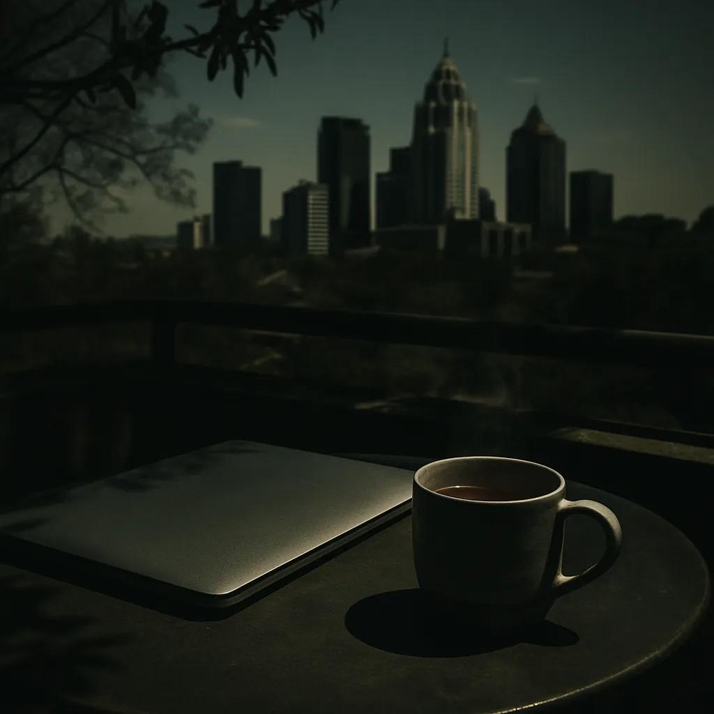 Closed laptop and rooibos teacup on a rooftop table with the Sandton skyline behind