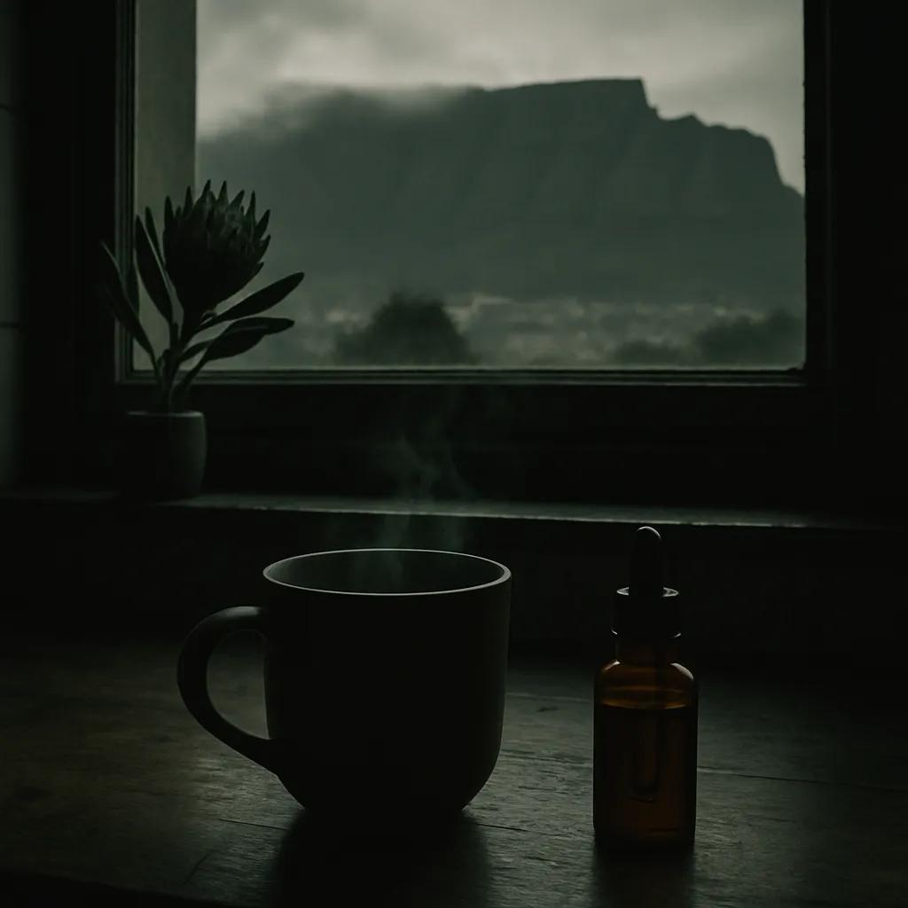 Coffee mug and amber CBD dropper bottle on a kitchen counter with Table Mountain through the window