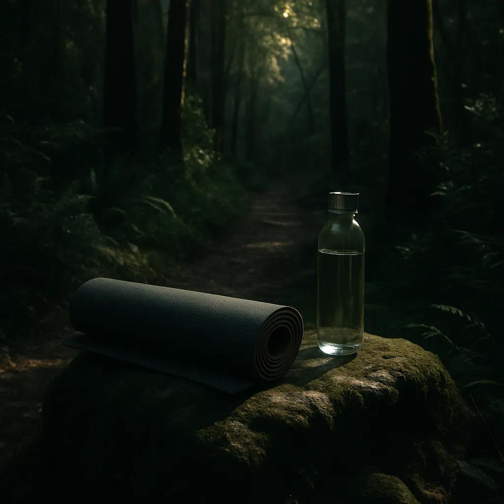 Folded yoga mat and glass water bottle on a mossy stone alongside a Tsitsikamma forest trail
