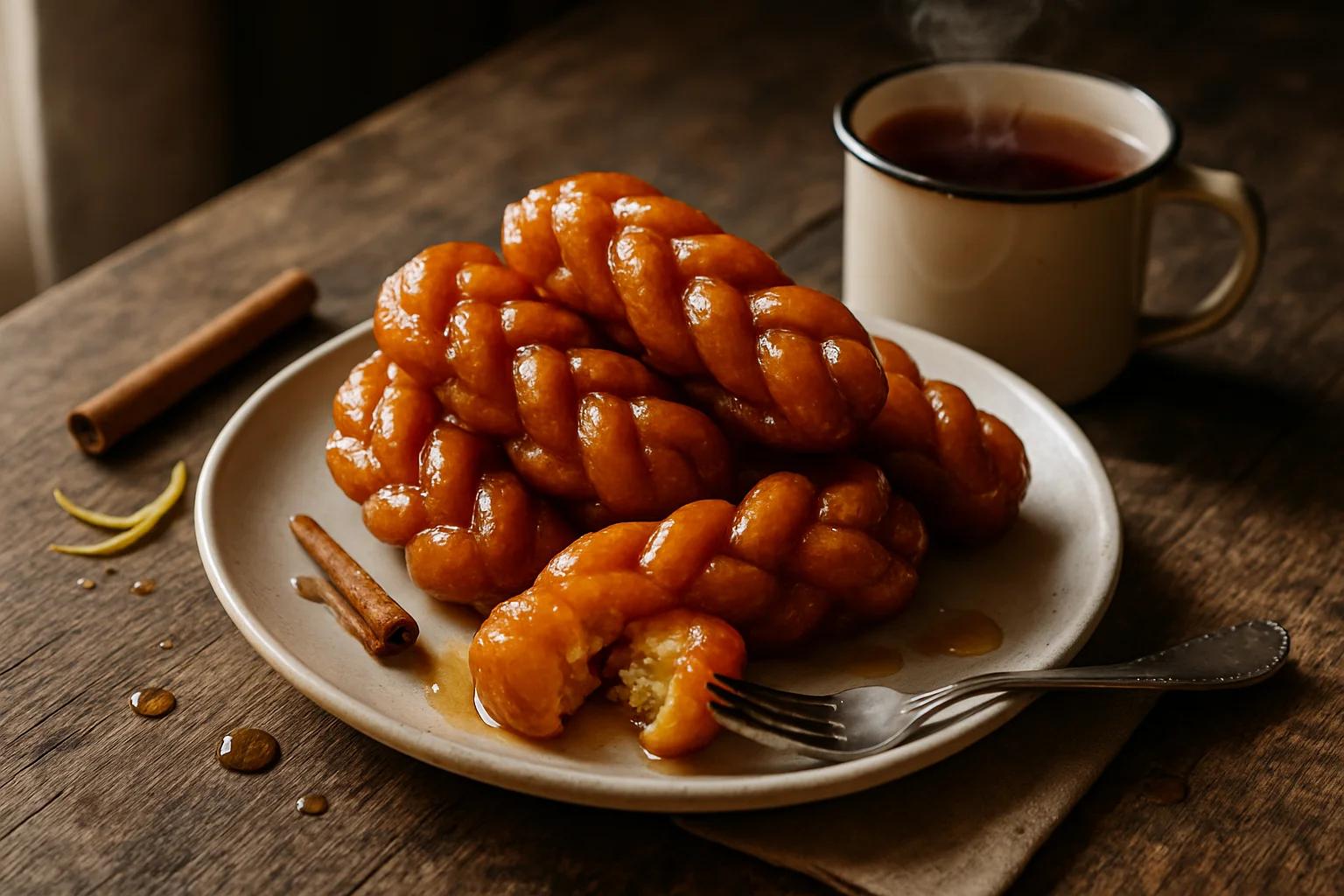 Plate of glossy syrup-soaked South African koeksisters with twisted plait