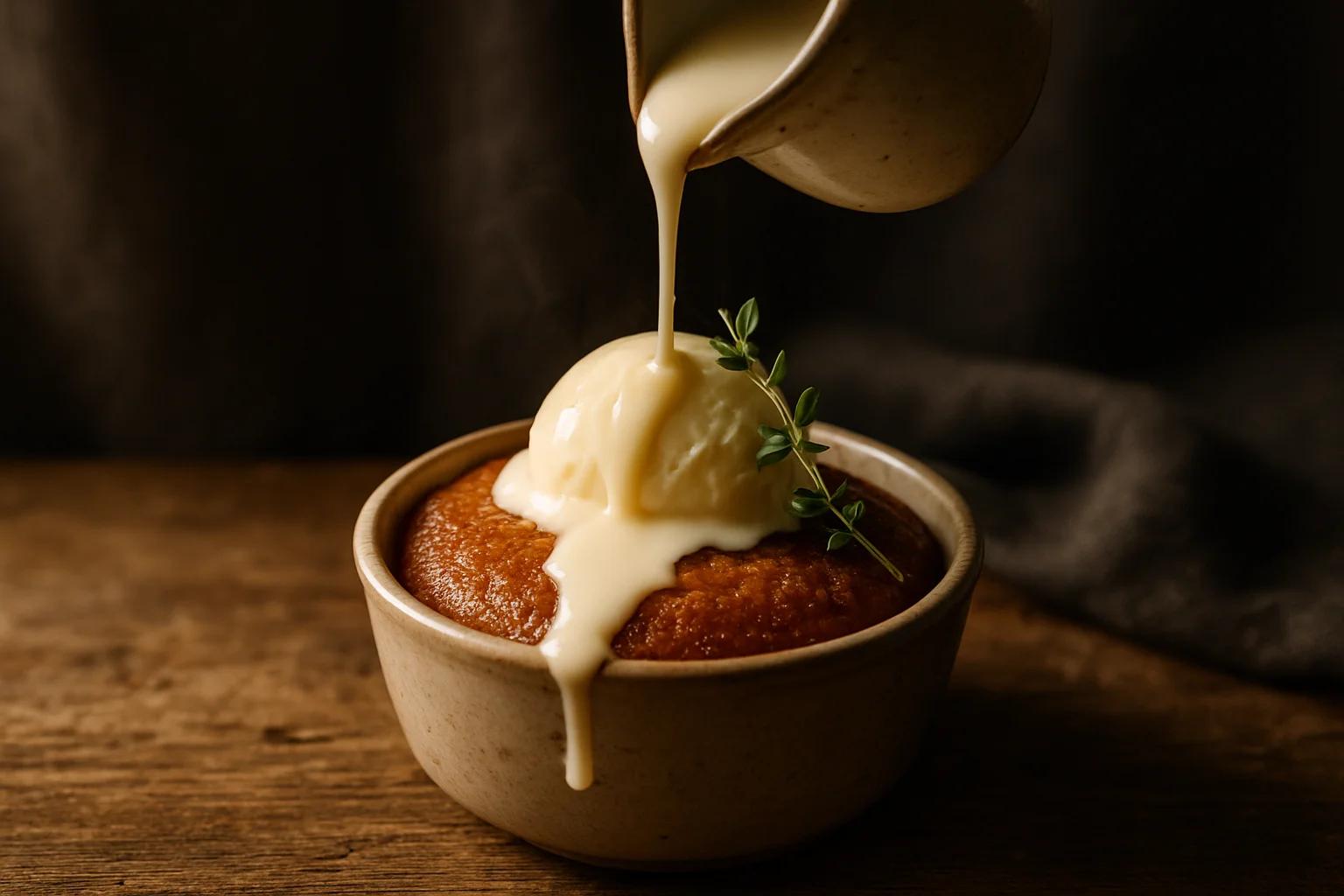 Square dish of golden-brown Malva pudding with syrupy sauce
